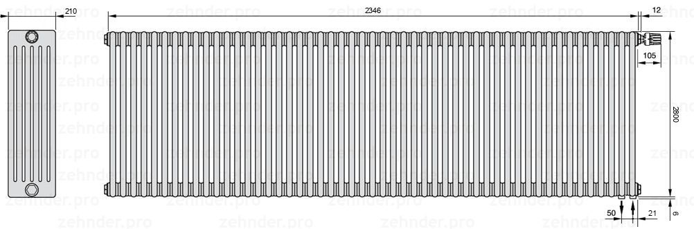 Схема (чертеж) Радиатор Zehnder Charleston 6280/51 №V002 Белый глянцевый RAL 9016